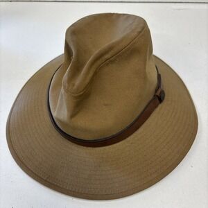 Orvis Seattle Canvas Beige Tan Packer Cap Hat Medium Fedora Brimmed Made in USA